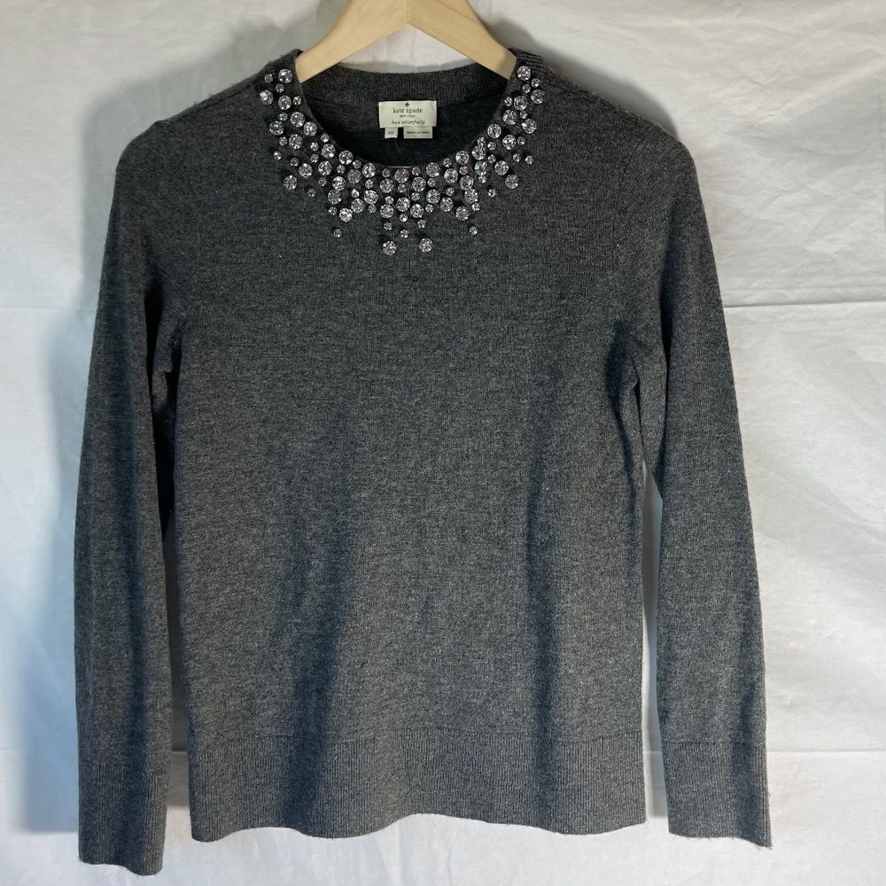 Kate‎ Spade Do Wonders Francois Crystal Embellished Grey Wool Blend Sweat…